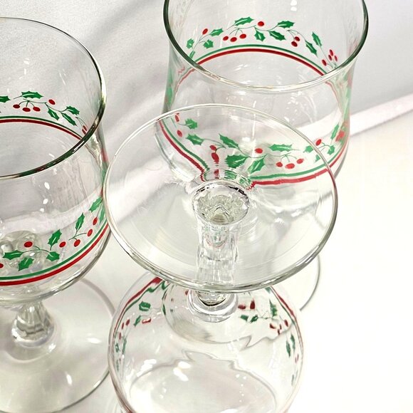 3 Arbys Christmas Bows Holly Water Wine Glasses 6.5" goblets 1980s bow stem - Picture 6 of 8